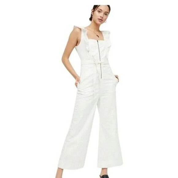 Free People Sun Valley Jumpsuit Womens Sz 2 White Sleeveless Cotton Denim Ruffle - Picture 2 of 16
